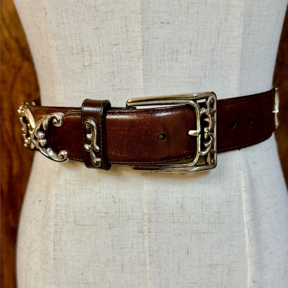 Brighton Brown Leather Belt with Silver Accents Sz S